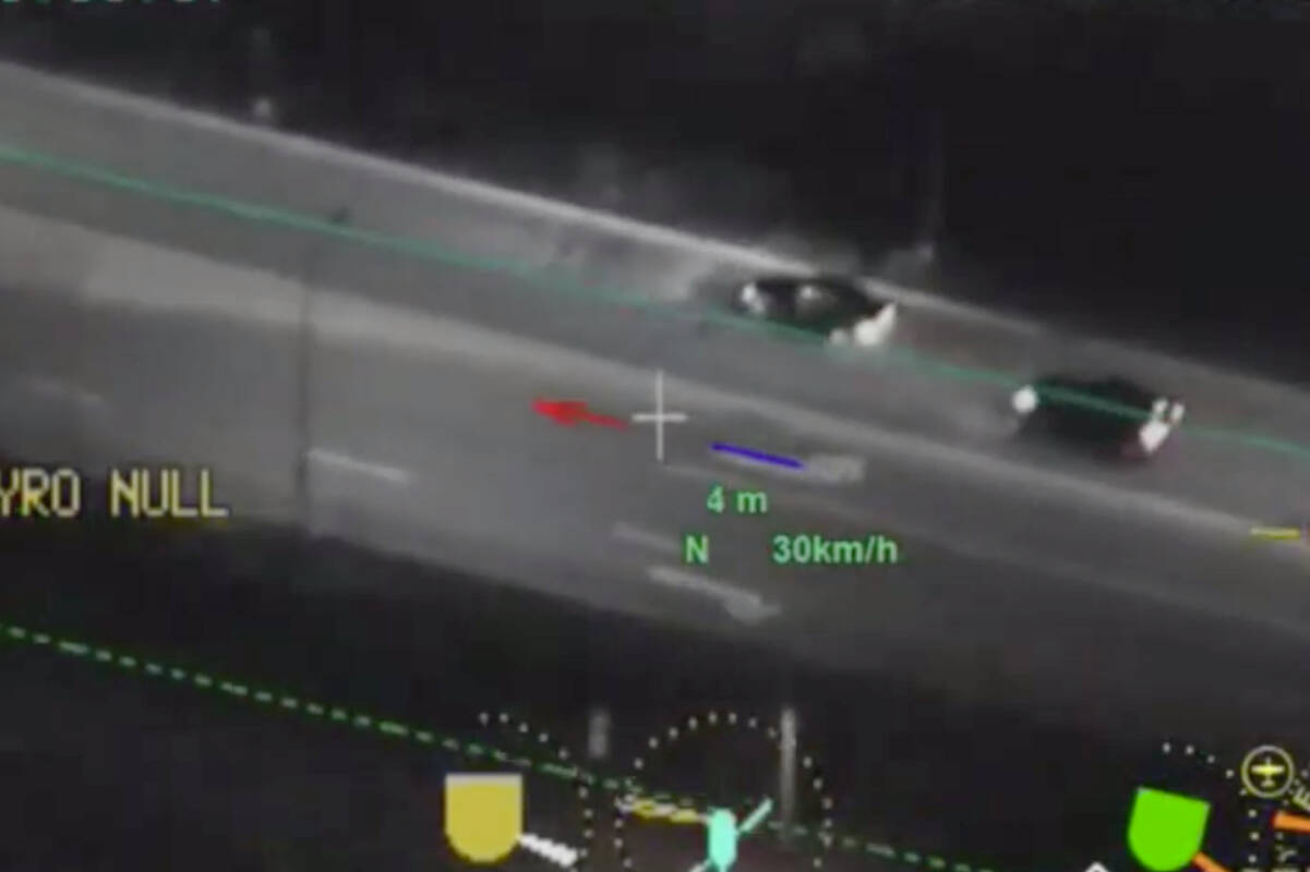 In video shot from the RCMP’s Air One helicopter, Surrey RCMP pull over a driver that was clocked driving more than 150 km/h in the Campbell Heights area of South Surrey. (Surrey RCMP photo)