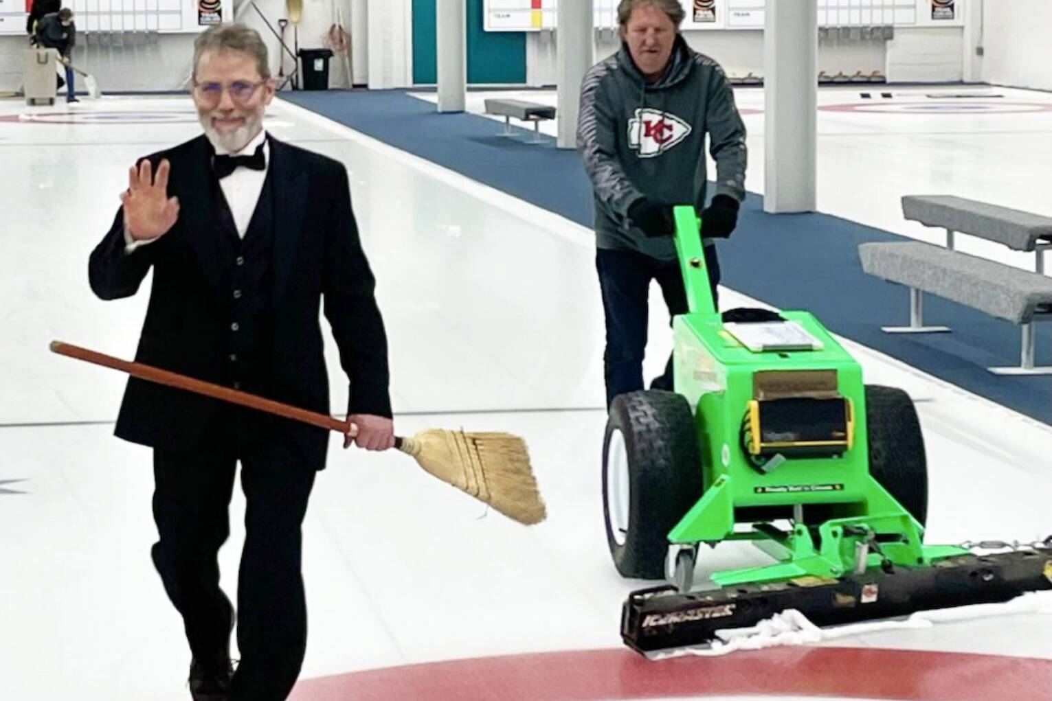 Retiring Trail Curling Centre ice technician Mike Williams went out in style. Williams donned a tuxedo and a broom for making a clean sweep of his last sheet of ice, and handed over the scraper and pebbler to new ice technician Murray Walsh. Photo: Submitted