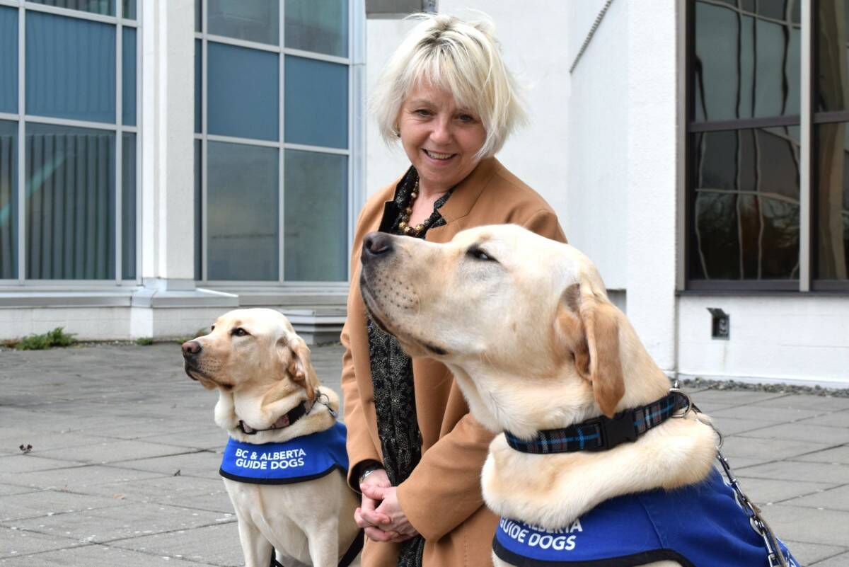 Dr. Bonnie Henry visits with Bonnie and Henry, BC and Alberta Guide Dogs in training, at the Ministry of Health offices in Victoria. (Kiernan Green/News Staff)