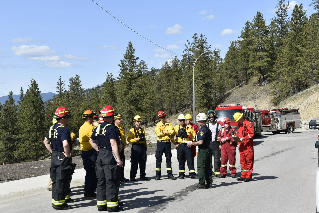 Fire departments from Kelowna, Lake Country and Armstrong arrived at Penticton’s Evergreen Drive for wildfire training on Saturday, April 23. (Logan Lockhart, Western News)