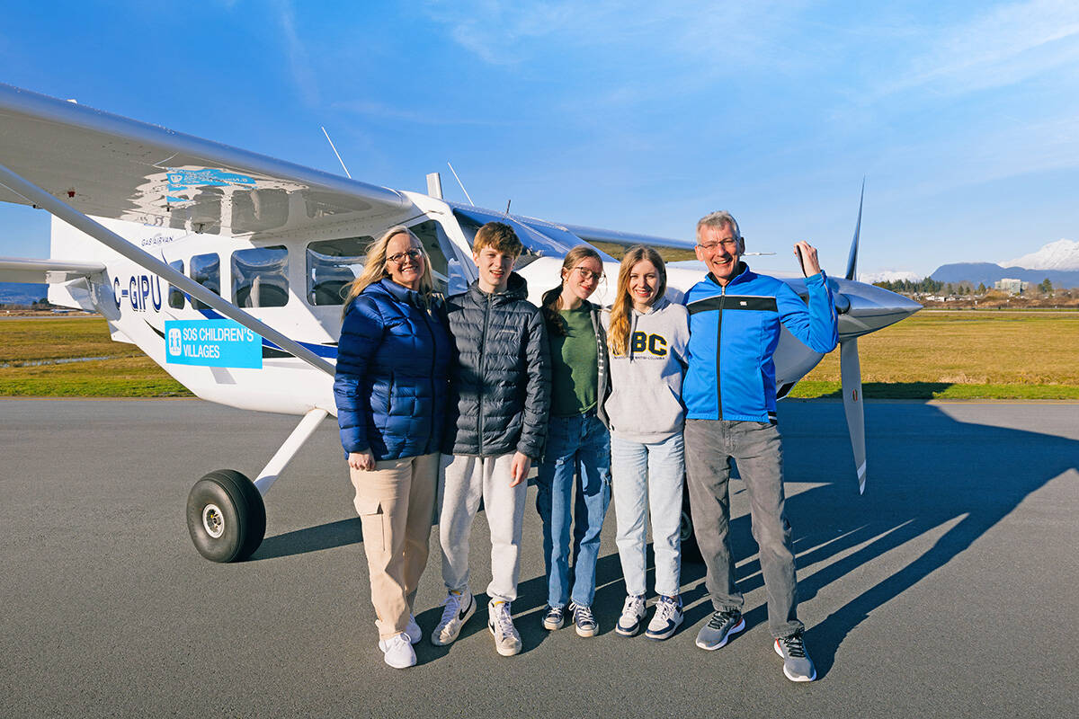 The Porter family are flying around the world in a single-engine aircraft and aim to raise $1 million for SOS Children’s Villages. Left to right: Michelle Porter, Christopher Porter, Sydney Porter, Samantha Porter, Ian Porter. (Courtesy of Ian Porter)