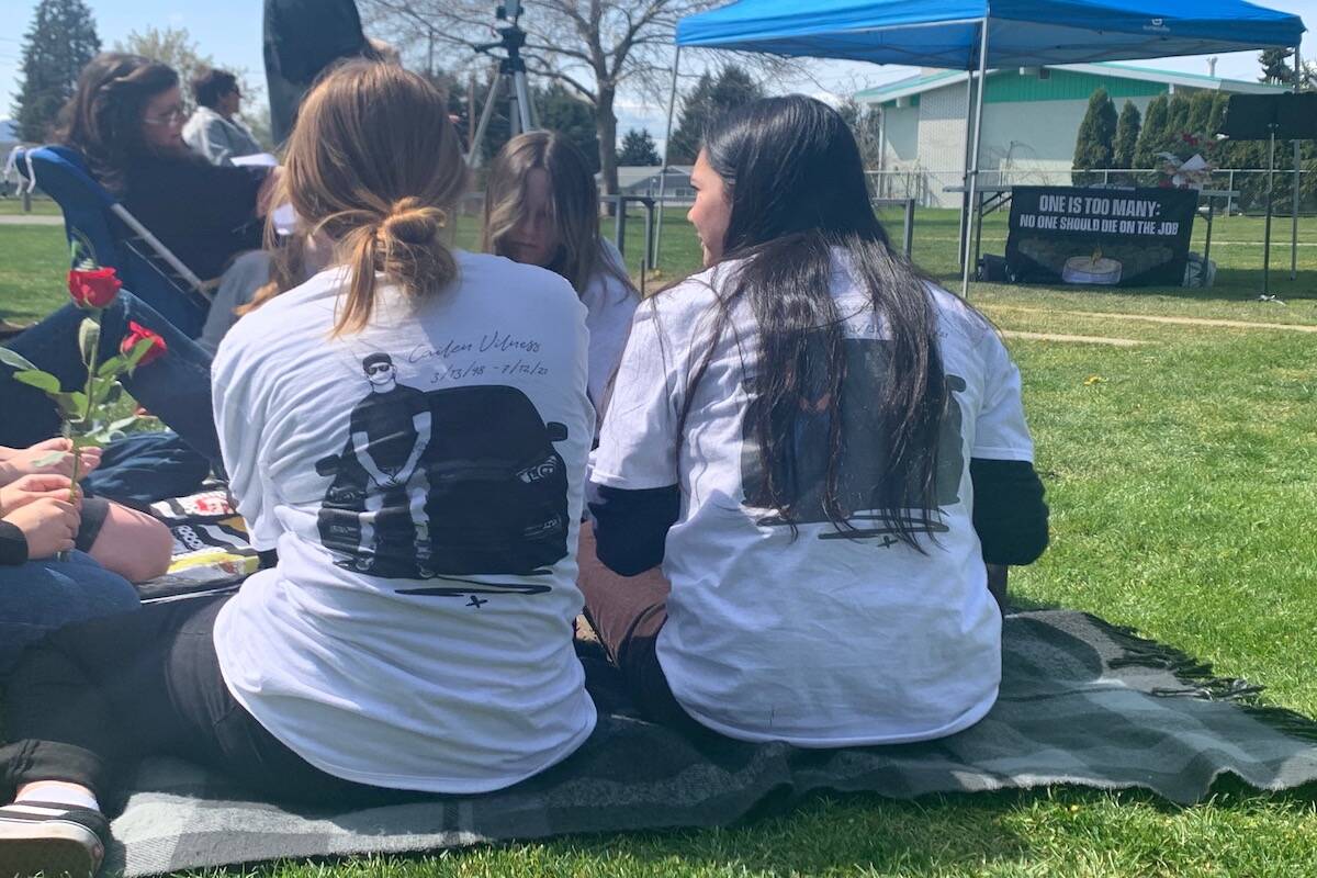 Danielle Pritchett was supported by friends and family as she spoke in Kelowna’s Ben Lee Park on April 28, 2022 about her son Cailen Vilness, a victim of the July 2021 Kelowna crane collapse (Brittany Webster)