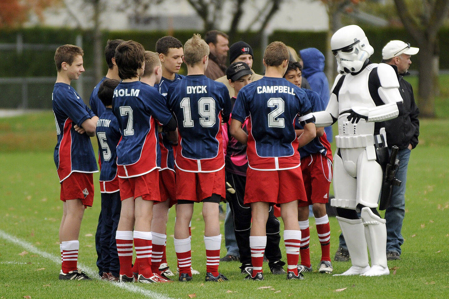 Coach Bob Fugger chats with his team while wearing a Star Wars stormtrooper costume during a game in Chilliwack on Oct. 31, 2009. May 4, 2022 is Star Wars Day. (Jenna Hauck/ Chilliwack Progress file)