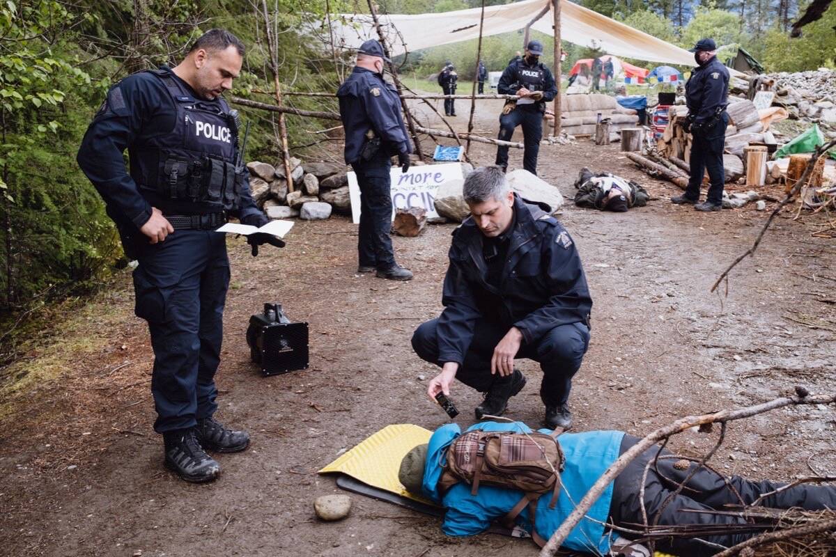 RCMP are seen here making arrests May 17 near Argenta, B.C., north of Nelson. A group had been camped out protesting a logging company’s plans for the area. Photo: Louis Bockner