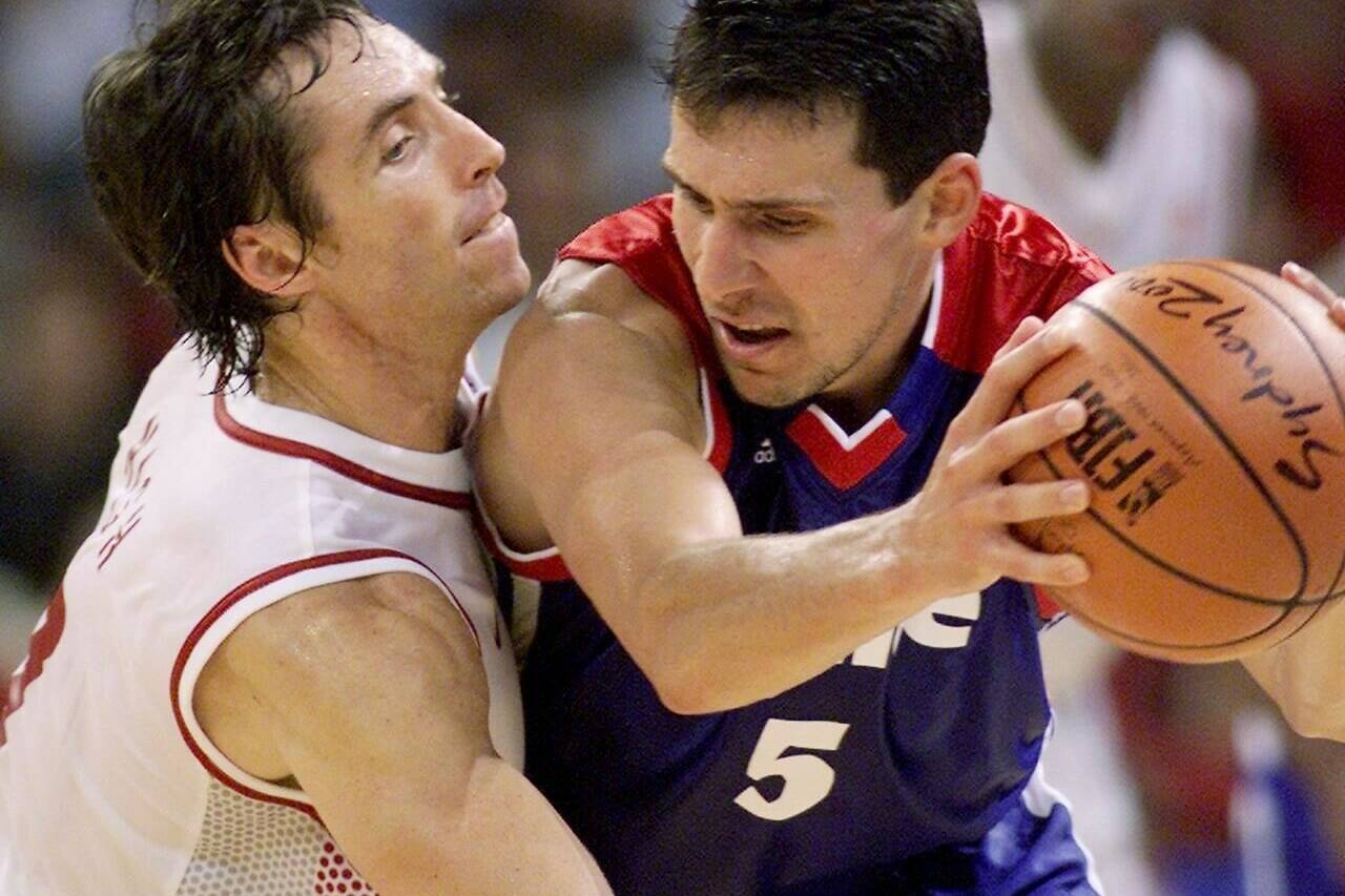 Canada’s Steve Nash tries to steal the ball from France’s Laurent Sciarra (right) during second half quarter final basketball action at the Olympics in Sydney, Australia Thursday September 28, 2000. Nash, a former two-time NBA MVP and one of the NBA’s 75 greatest players, is among a group of seven who will be inducted into the Canadian Basketball Hall of Fame for the classes of 2021 and 2022. THE CANADIAN PRESS/Kevin Frayer