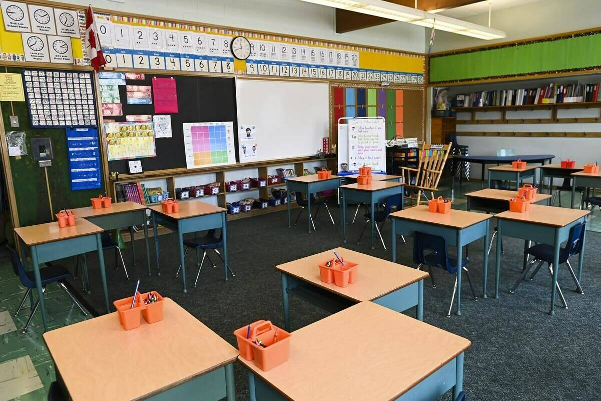 A classroom in Scarborough, Ont., on September 14, 2020. A North Vancouver School District teacher was suspended for five days in May 2022 for taking inappropriate actions against his elementary school students. THE CANADIAN PRESS/Nathan Denette