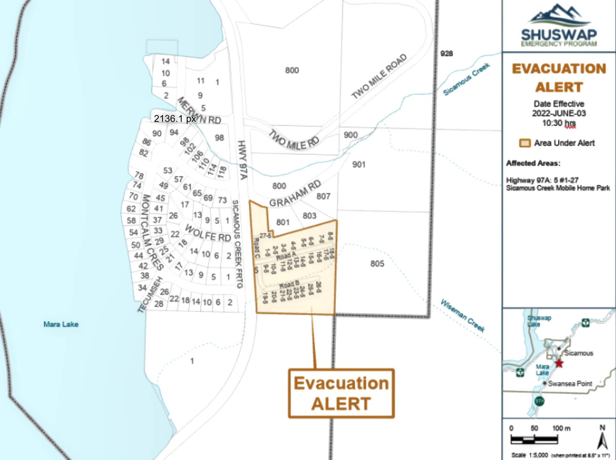 An evacuation alert was issued for residences in the Sicamous Mobile Home Park on Friday, June 3, 2022. (CSRD image)