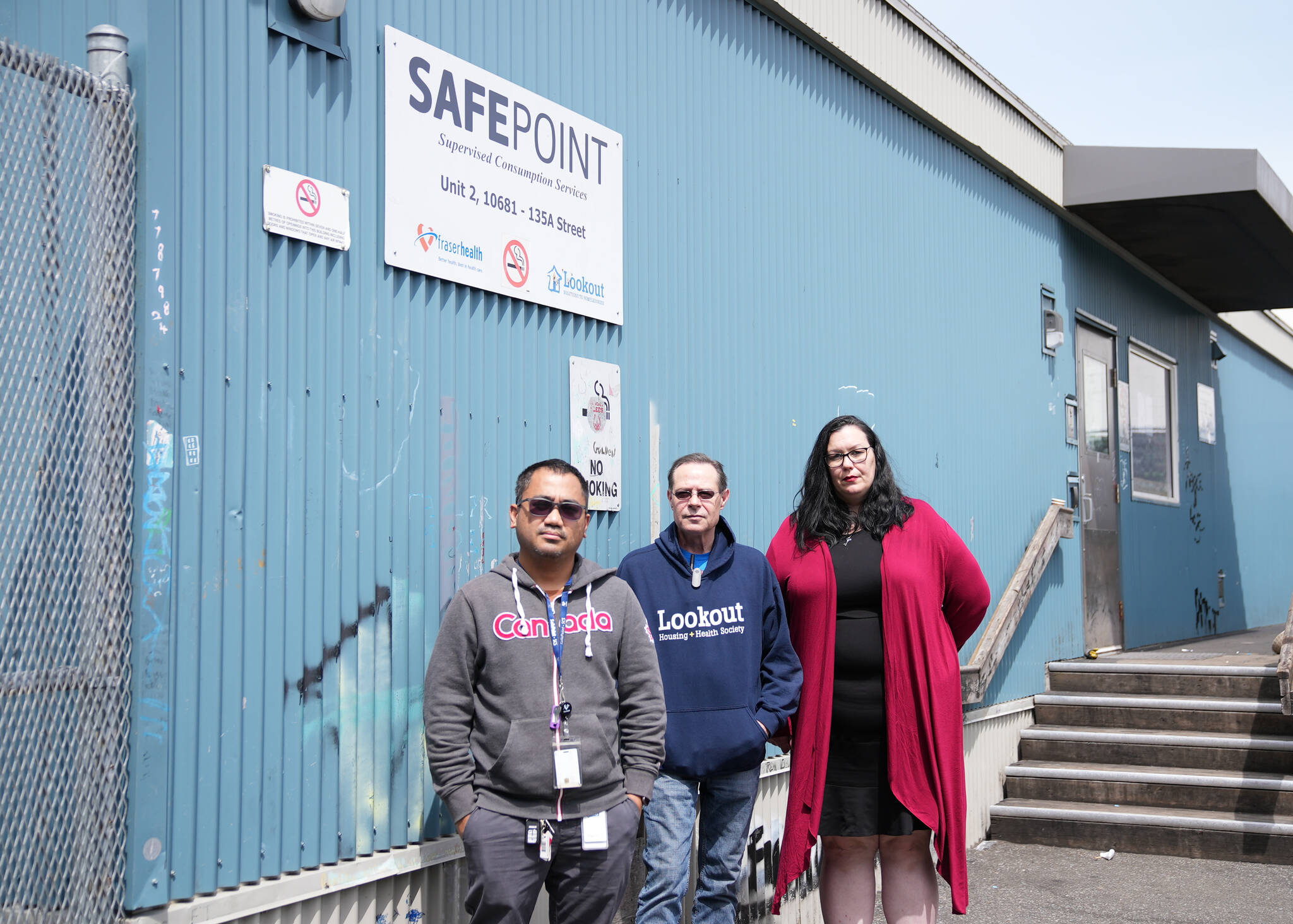 From left: SafePoint’s Hyeth Manlosa, Ian Fraser, and Megan White. After five years in operation, SafePoint staff have reversed 2,845 drug poisonings, according to Fraser Health. (Photo submitted)