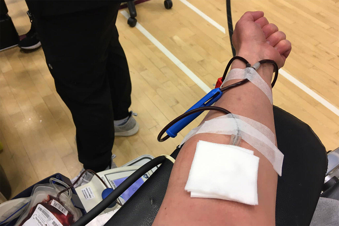 Blood is drawn from a donor during a clinic in Chilliwack on Monday, April 18, 2022. Tuesday, June 14, 2022 is World Blood Donor Day. (Jenna Hauck/ Chilliwack Progress file)