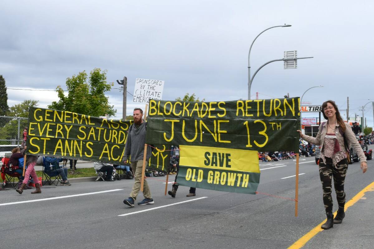 Save Old Growth announced the return of their highway blockades as of June 13 during the 2022 Thrifty Foods Victoria Day Parade. A new group, Clear The Road, which is frsutrated with the regular blockades is now pursuing a class-action lawsuit against Save Old Growth. (Black Press Media file photo)