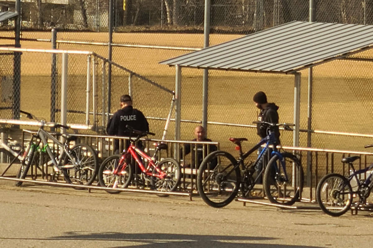 RCMP investigate a bomb that went off near the bike racks at Carmi Elementary in March, 2021. (Facebook)