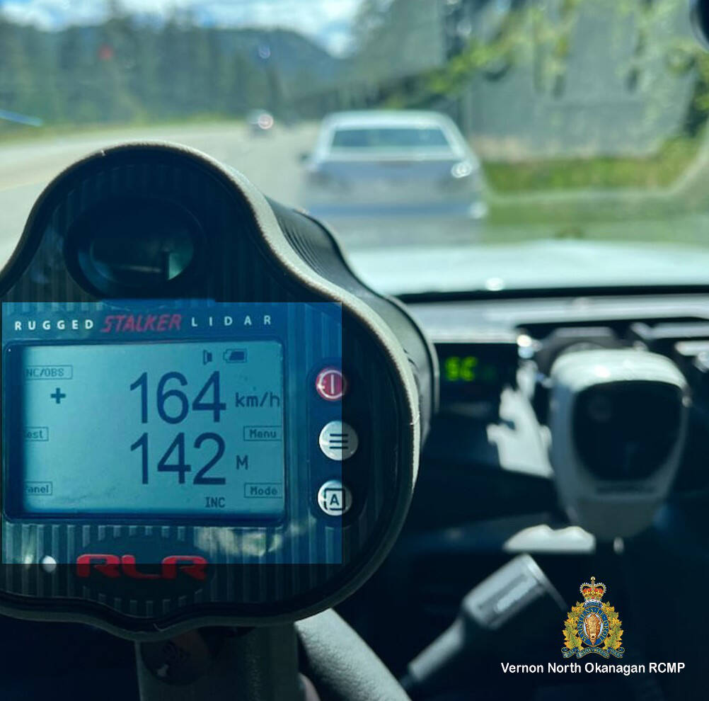 A driver is caught travelling well above the posted speed limited. (Vernon North Okanagan RCMP photo)