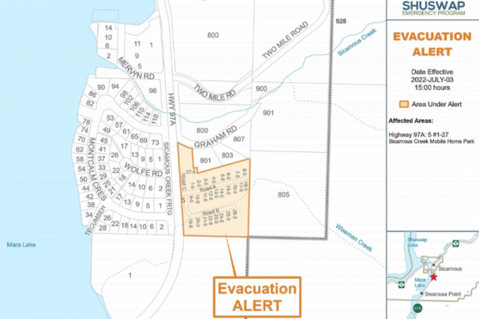 An evacuation alert was ordered at 3 p.m. on July 3 for the Sicamous Mobile Home Park. (District of Sicamous image)