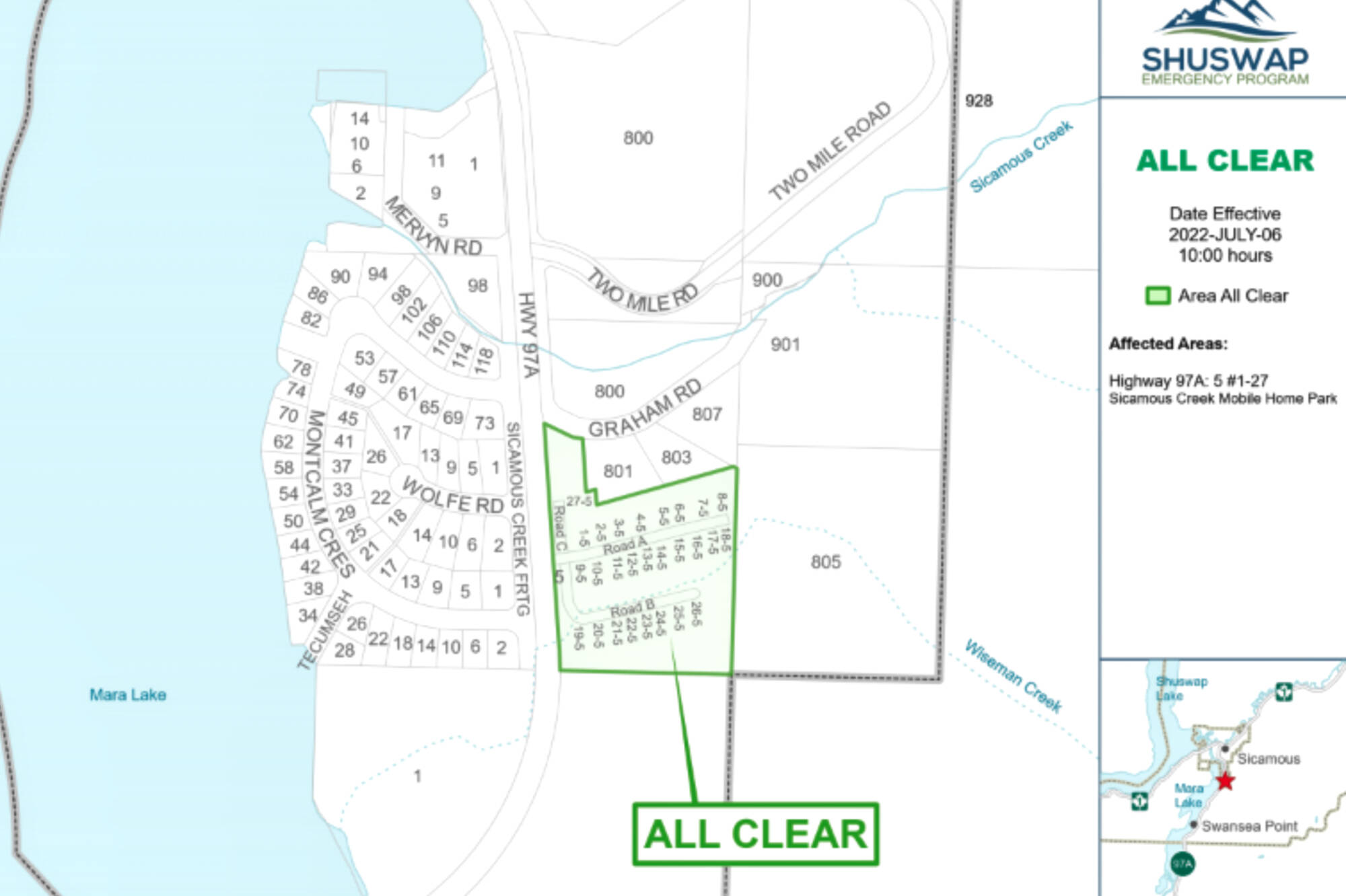 An evacuation alert issued for residences in the Sicamous Creek Mobile Home Park on July 3 was lifted on July 6. (CSRD image)