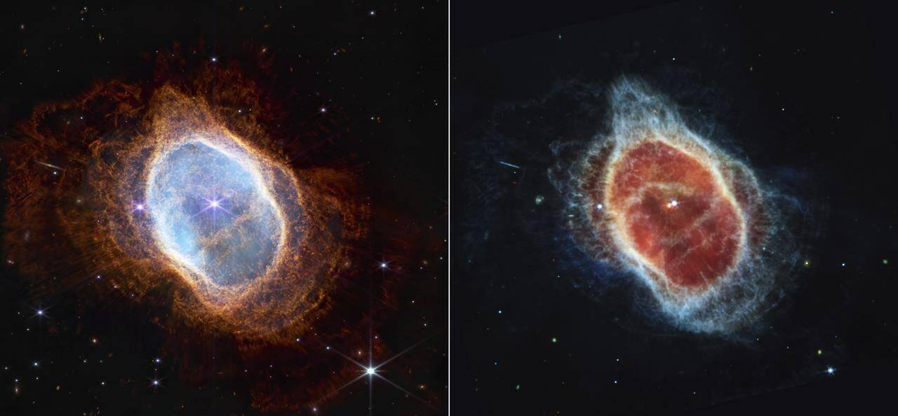 This combo of images provided by NASA on Tuesday, July 12, 2022, shows a side-by-side comparison of observations of the Southern Ring Nebula in near-infrared light, at left, and mid-infrared light, at right, from the Webb Telescope. (NASA, ESA, CSA, and STScI via AP)