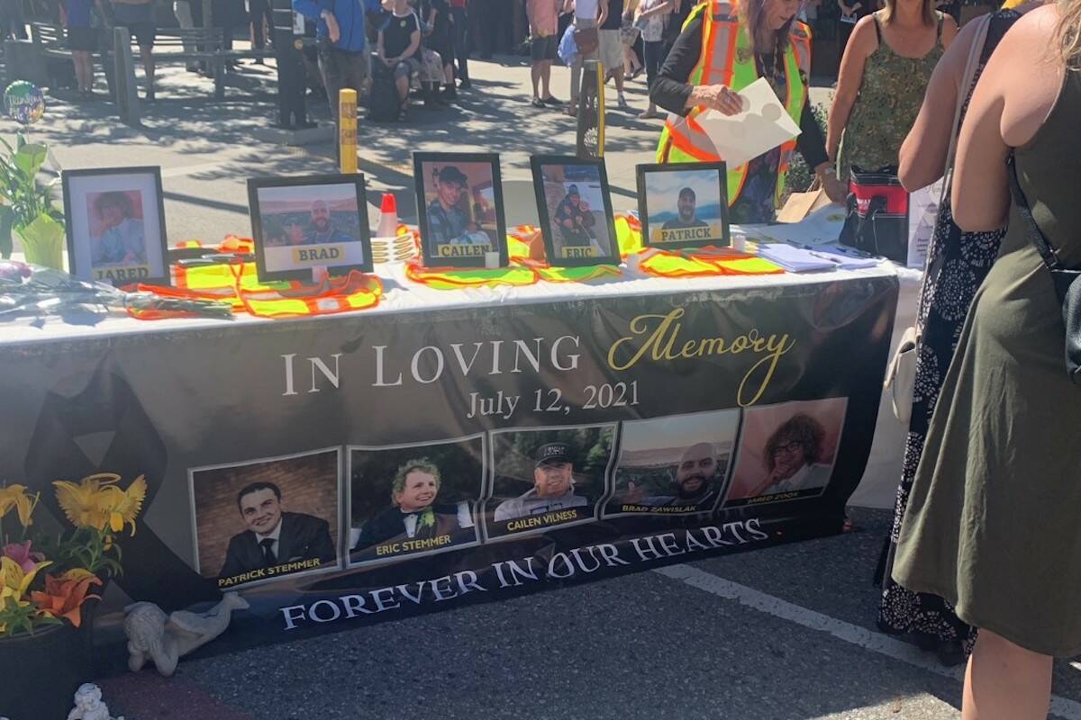 A memorial was held on the one year anniversary of a crane collapse that killed five at a construction site in downtown Kelowna July 12, 2021 (Brittany Webster - Capital News)