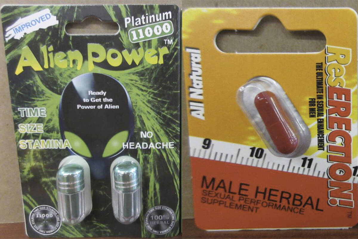 Health Canada has seized sexual enhancement products from a business in Langford, including the two pictured here, and is warning anyone who purchased them to not use them due to health risks. (Courtesy of Health Canada)