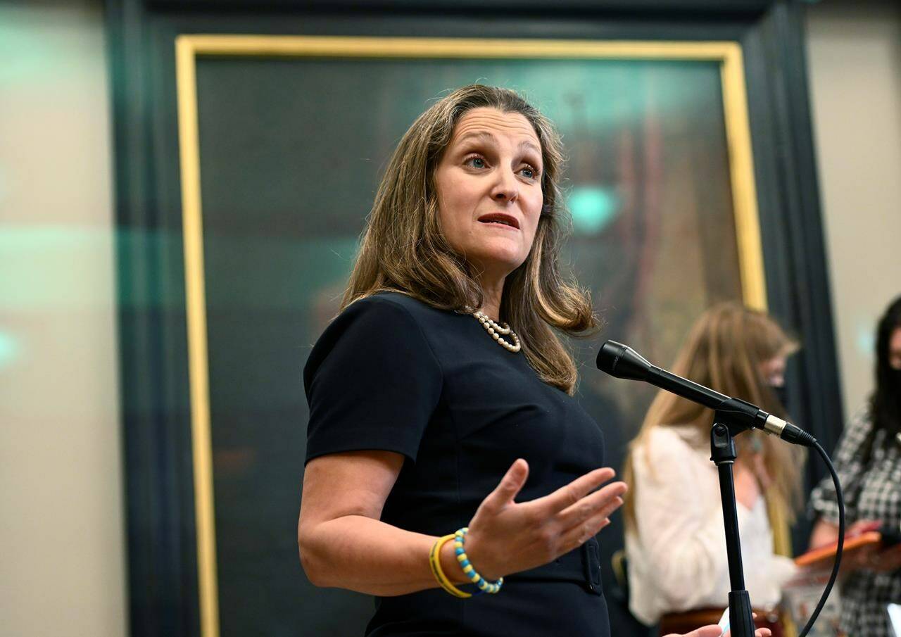 Deputy Prime Minister and Minister of Finance Chrystia Freeland speaks to reporters before heading to Question Period in the House of Commons on Parliament Hill in Ottawa on Thursday, June 23, 2022. Freeland says Canada’s decision to send repaired parts of a Russian natural gas pipeline back to Germany was a difficult decision, but the right one. THE CANADIAN PRESS/Justin Tang