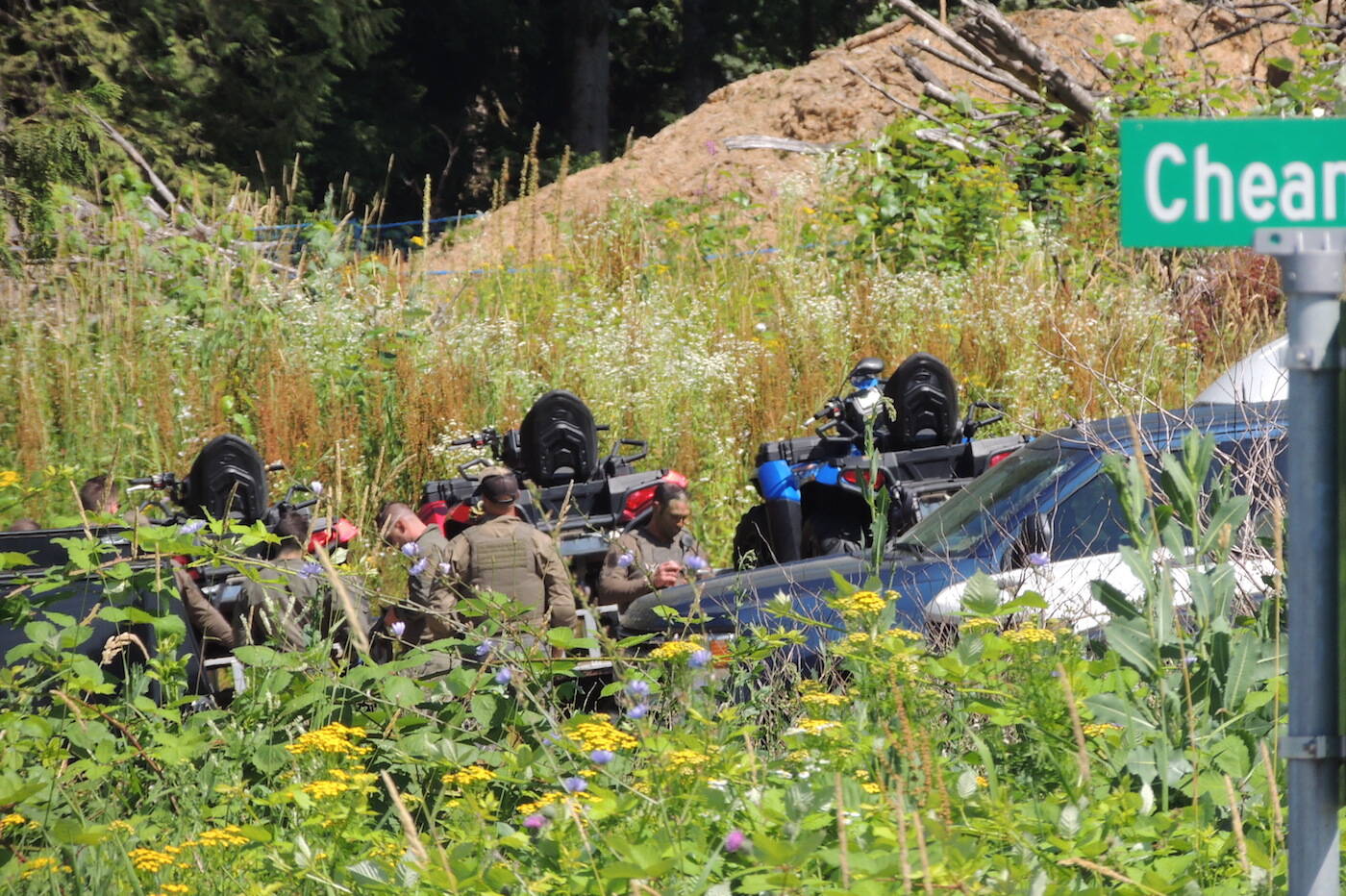 A view from the corner of Bridal Falls Road and Cheam Road where there was a heavy police presence east of Chilliwack on Friday, July 22, 2022. (Adam Louis/ Black Press Media)