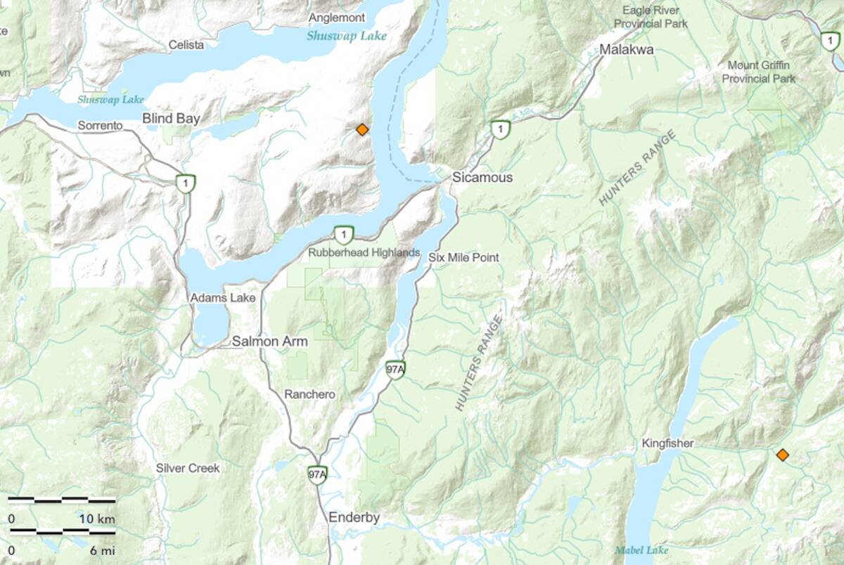 The Bastion Bay wildfire near the eastern arm of Shuswap Lake and the Whip Creek fire across from Mabel Lake and inland about 10 kilometres were discovered late on July 27, 2022. (Wildfire BC image)