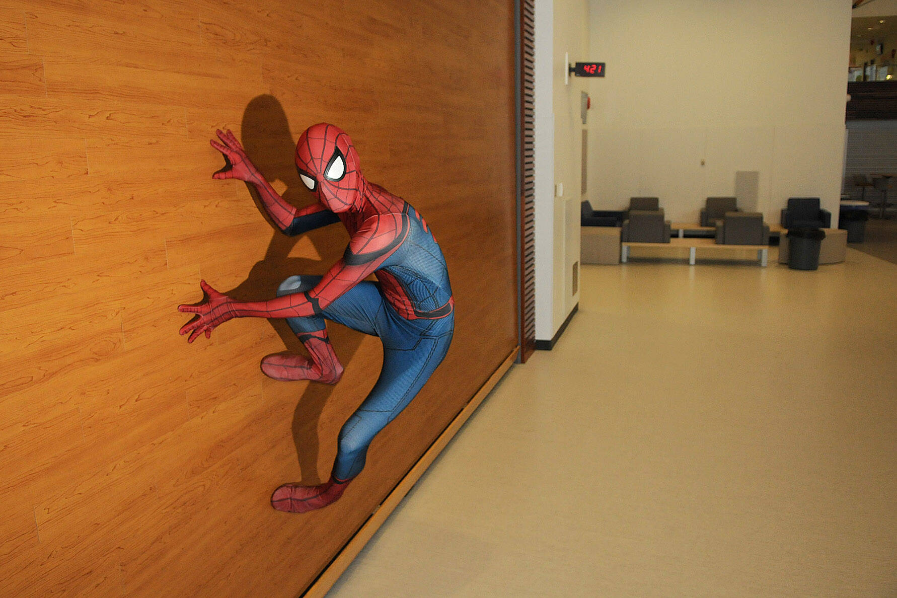Kolton Visser takes on the role of Spider-Man at Chilliwack Secondary School on Feb. 15, 2017 when he was 17 years old. Monday, Aug. 1, 2022 is Spider-Man Day. (Jenna Hauck/ Chilliwack Progress file)