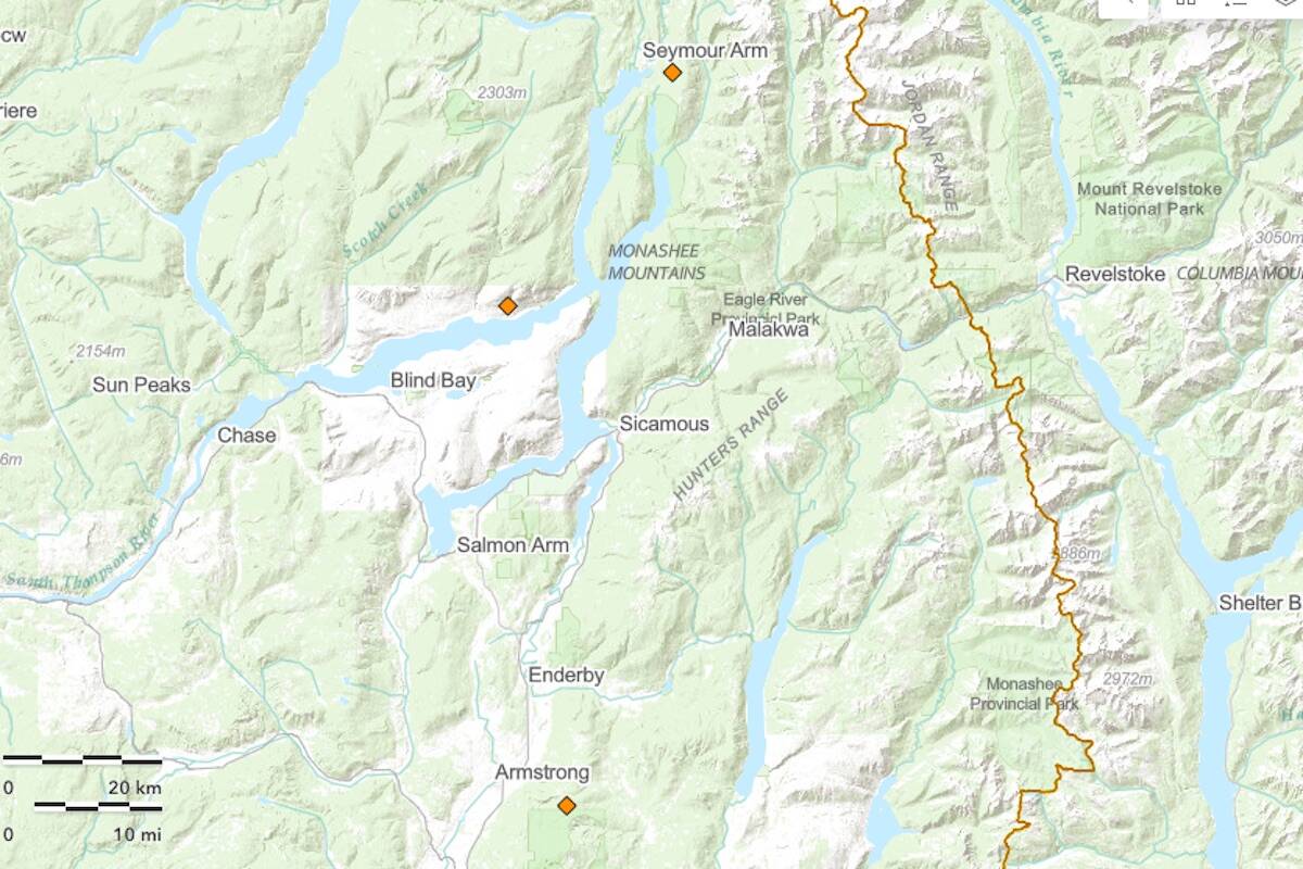 Three wildfires were ignited early July 29 in the North Shuswap and North Okanagan, causes so far listed by BC Wildfire as unknown. (BC Wildfire map)