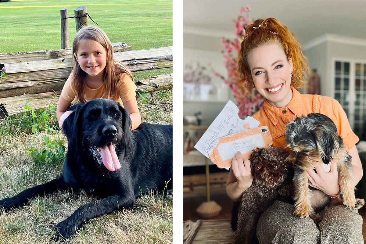 Well-known Australian children’s entertainer Emma Watkins holds the chewed up fan mail from seven-year-old Erika Hopfner (left) of Chilliwack. (Left photo submitted by Shannon Hopfner; Right photo Emma Watkins/ Facebook)