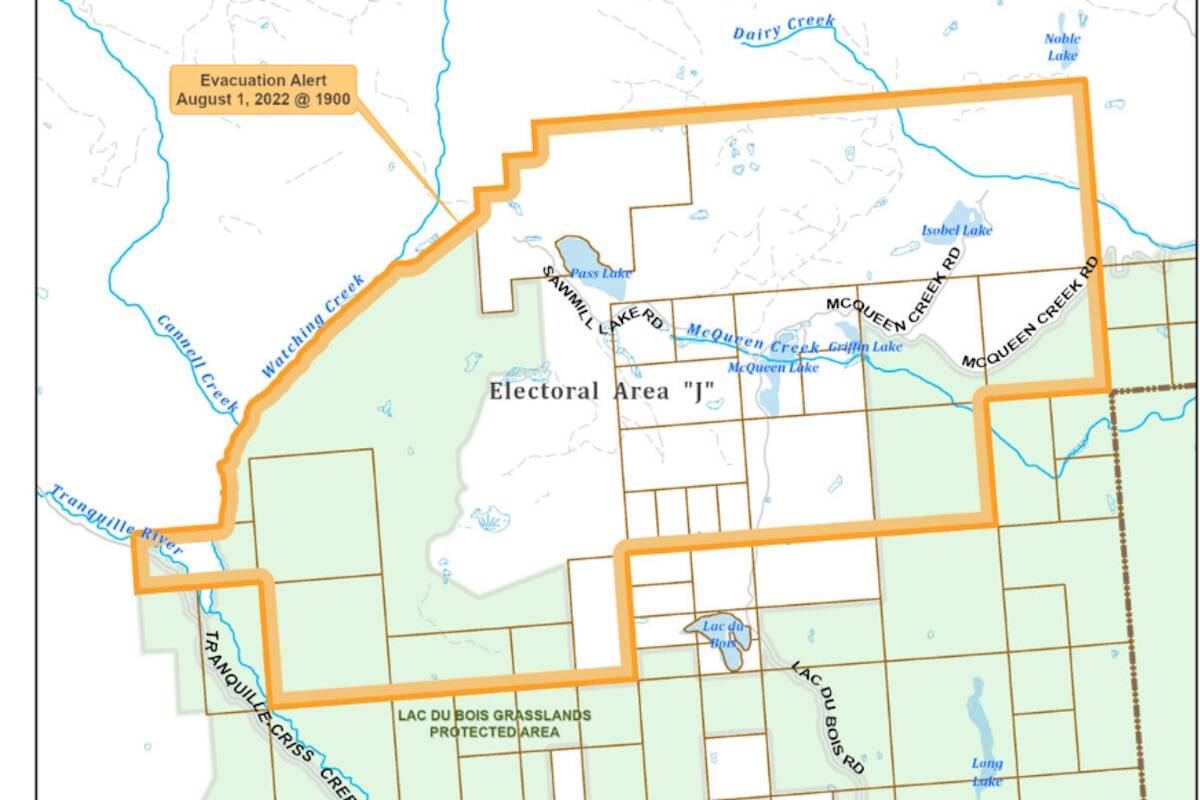 Evacuation alert was issued August 1 at 7 p.m. for Copper Desert Country due to growth of the Watching Creek wildfire northwest of Kamloops (TNRD)