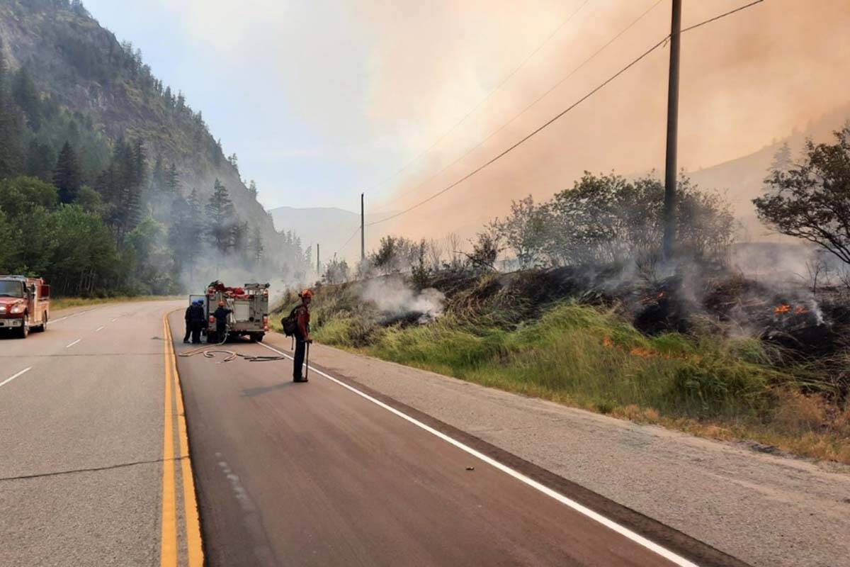 Firefighters are battling 91 active fires in B.C. as of Aug. 3, including at Keremeos Creek near Penticton. Here, they work to implement small-scale planned ignitions along Highway 3A. (BC Wildfire Service/Twitter)