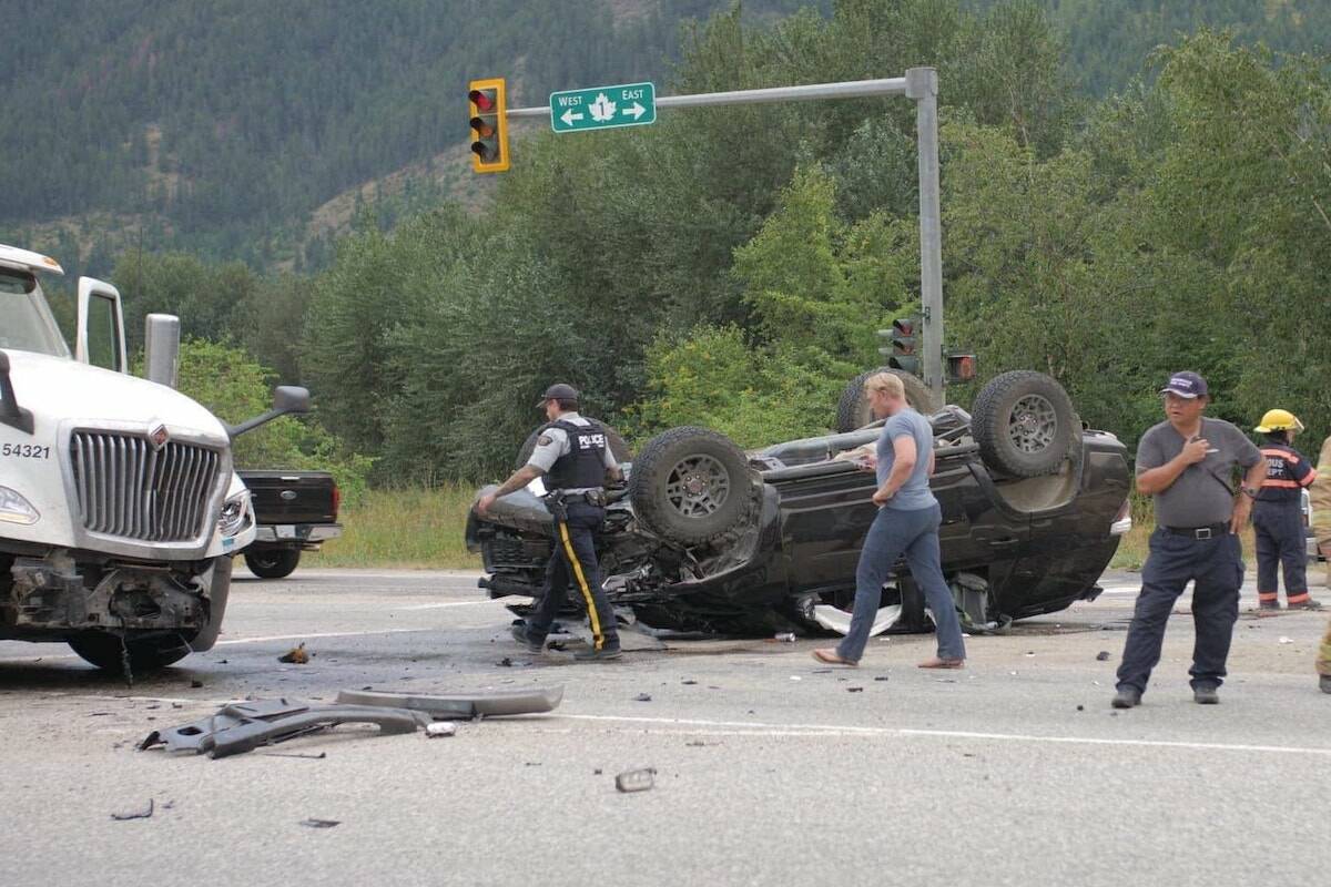 SUV flips on Highway 97A at Highway 1 in Sicamous. (Skilled Truckers Facebook)