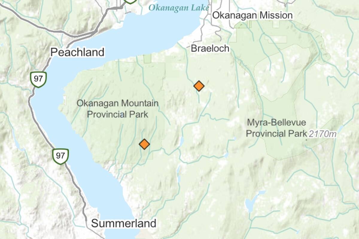 Two fires above Okanagan Mountain Park. (BC Wildfire)