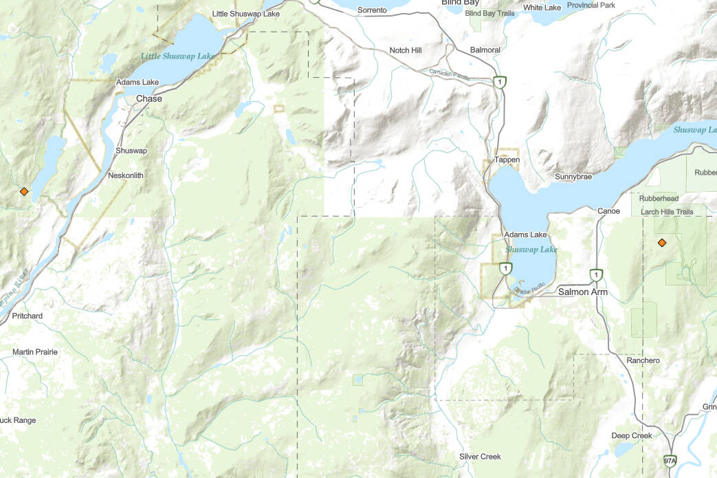 Two new wildfires were sparked in the Shuswap on Aug. 4, one by Niskonlith Creek near Chase and the other in Larch Hills near Salmon Arm. (BC Wildfire Service map)