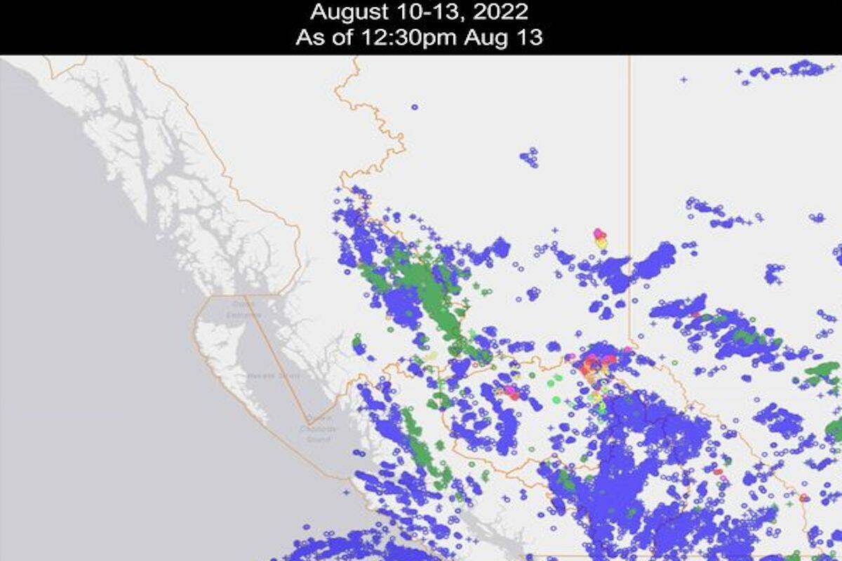Lightning strikes in B.C. between August 10 and 13, 2022 (BC Wildfire Service/Facebook)