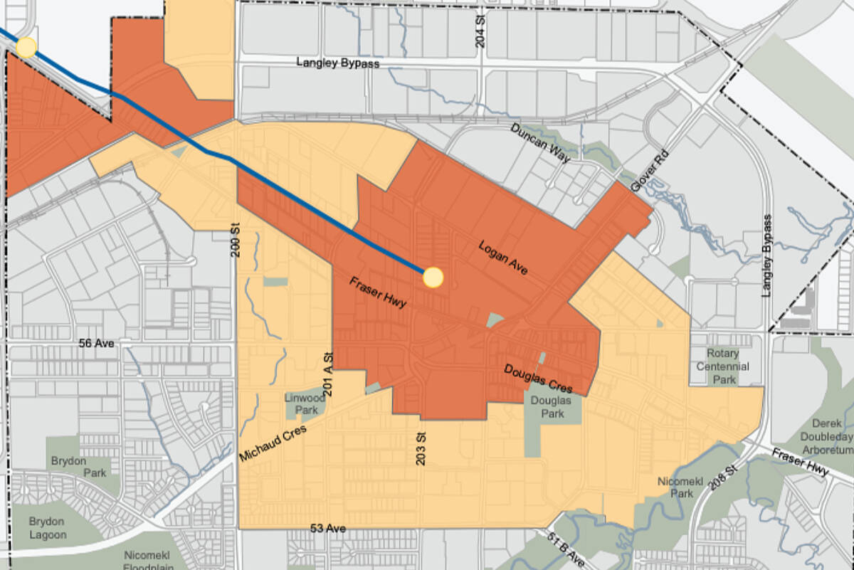 Brown areas are within a five-minute walk of one of the planned local SkyTrain stations. Areas in tan are within a 10-minute walk. (Langley City OCP)