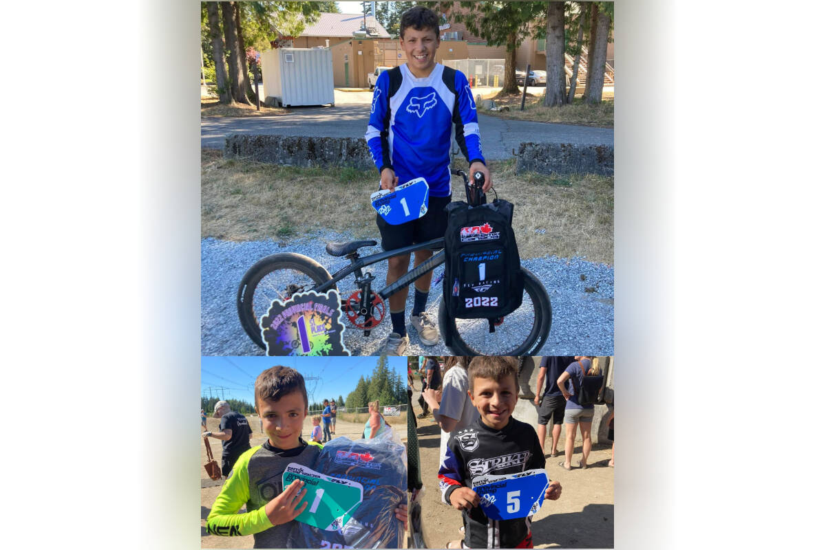 Marquez (top), Demico (left) and Adero Gonzalez capturing provincial BMX winners plates at a 2022 provincial championship series in Langley. (Penticton BMX Facebook)
