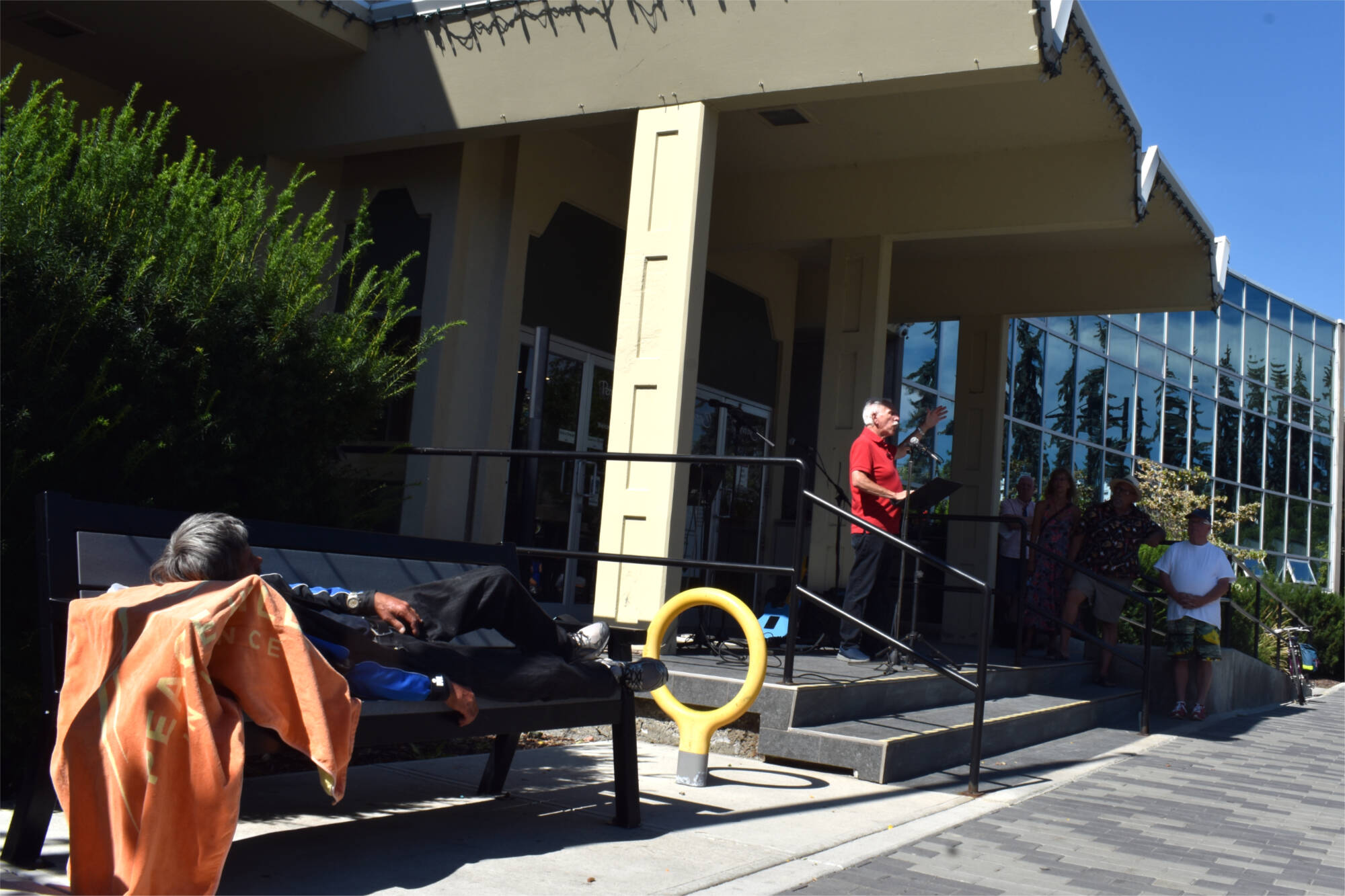 Penticton Mayor John Vassilaki took to the steps of City Hall to announce his reelection bid on Aug. 29. (Brennan Phillips - Western News)