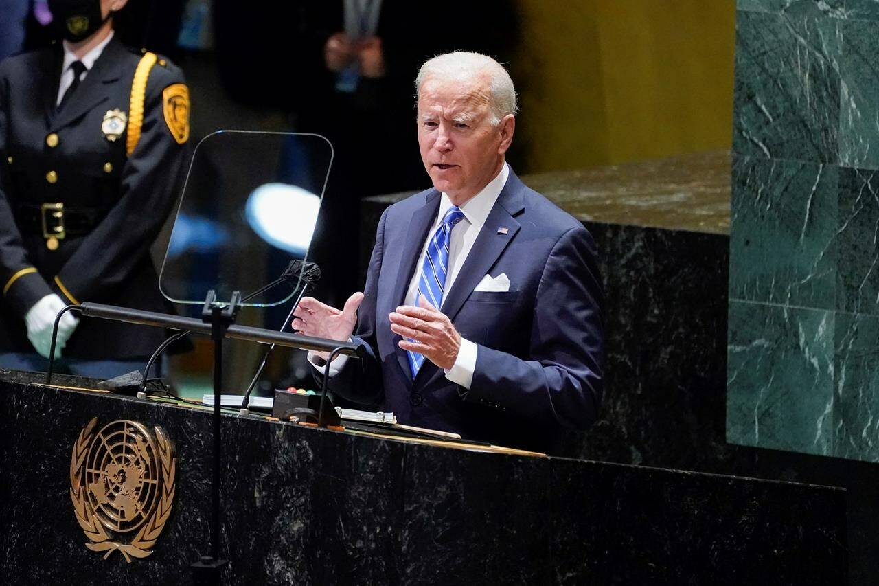 President Joe Biden delivers remarks to the 76th Session of the United Nations General Assembly, Tuesday, Sept. 21, 2021, in New York. U.S. President Joe Biden, traditionally a Day 1 speaker, ascends the rostrum this morning instead, with Prime Minister Justin Trudeau among those attending in person. THE CANADIAN PRESS/AP, Evan Vucci