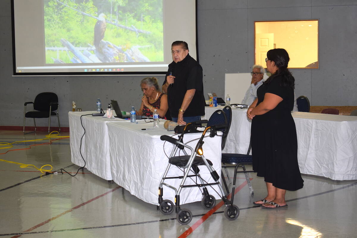 Chief Tom Nelson talks about the damage the mine did to Quatsino’s food sources in its traditional territory. (Tyson Whitney - North Island Gazette)
