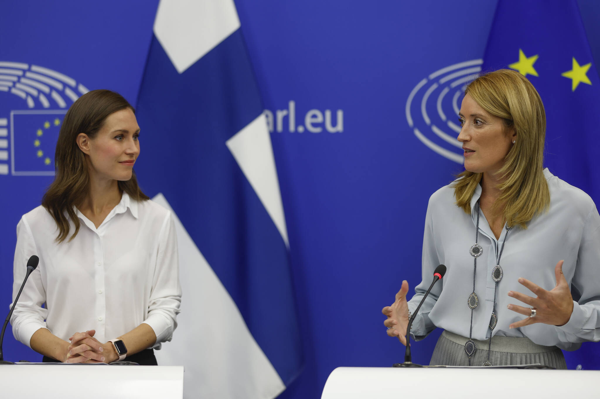 Finnish Prime Minister Sanna Marin, left, and European Parliament President Roberta Metsola attend a media conference at the European Parliament in Strasbourg, eastern France, Tuesday, Sept. 13, 2022. (AP Photo/Jean-Francois Badias)