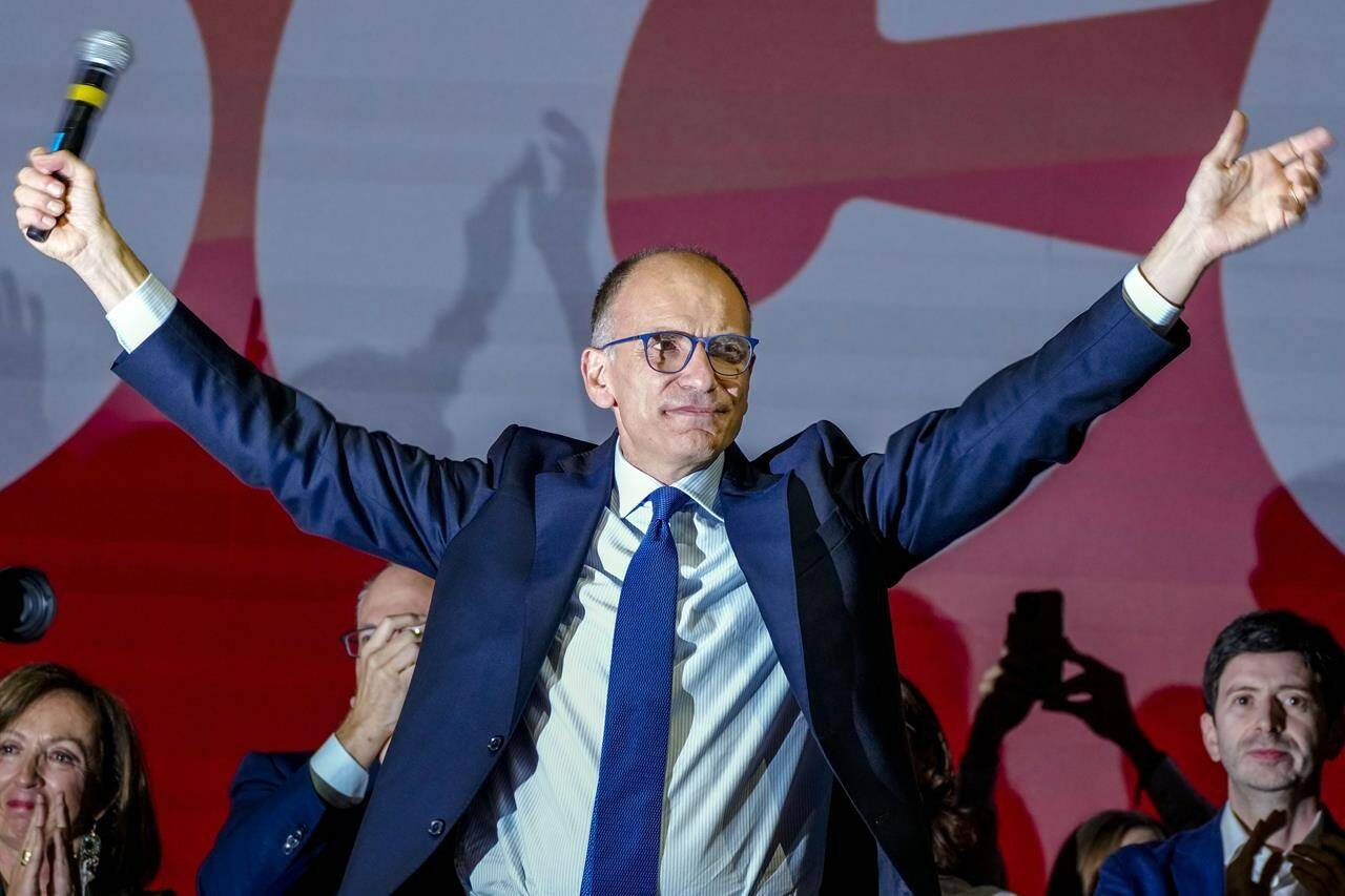 Democratic Party leader Enrico Letta speaks at the party’s final rally ahead of Sunday’s election in Rome, Friday, Sept. 23, 2022. Italians vote on Sunday for a new Parliament, and the outcome of balloting will determine who next governs Italy, a major industrial economy and a key NATO member. (AP Photo/Alessandra Tarantino)