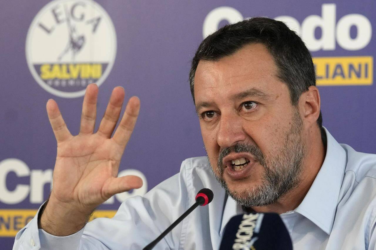 The League leader Matteo Salvini gestures during a news conference in Milan, Italy, Monday, Sept. 26, 2022. A party with neo-fascist roots, the Brothers of Italy, won the most votes in Italy’s national elections, looking set to deliver the country’s first far-right-led government since World War II and make its leader, Giorgia Meloni, Italy’s first woman premier, near-final results showed Monday. (AP Photo/Antonio Calanni)