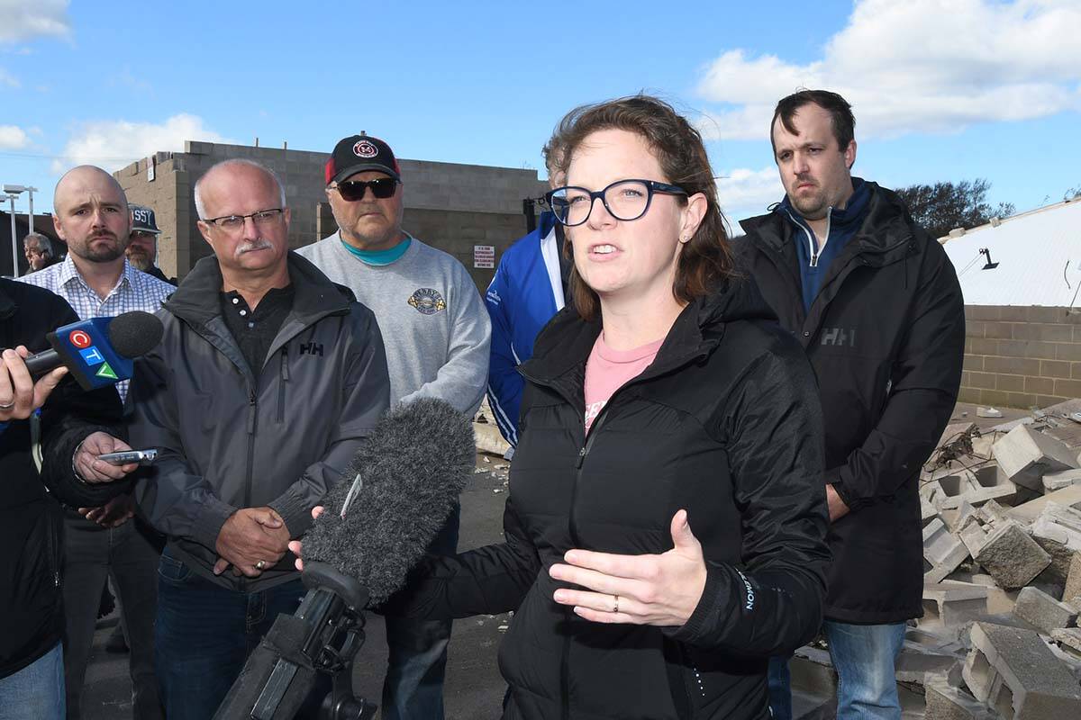 Cape Breton Regional Municipality Mayor Amanda MacDougall comments on damage in Glace Bay, Nova Scotia on Sunday September 25, 2022. A day after post-tropical storm Fiona left a trail of destruction through Atlantic Canada and eastern Quebec, residents of a coastal town in western Newfoundland continued to pick through wreckage strewn across their community, easily the most damaged area in the region. THE CANADIAN PRESS/Vaughan Merchant