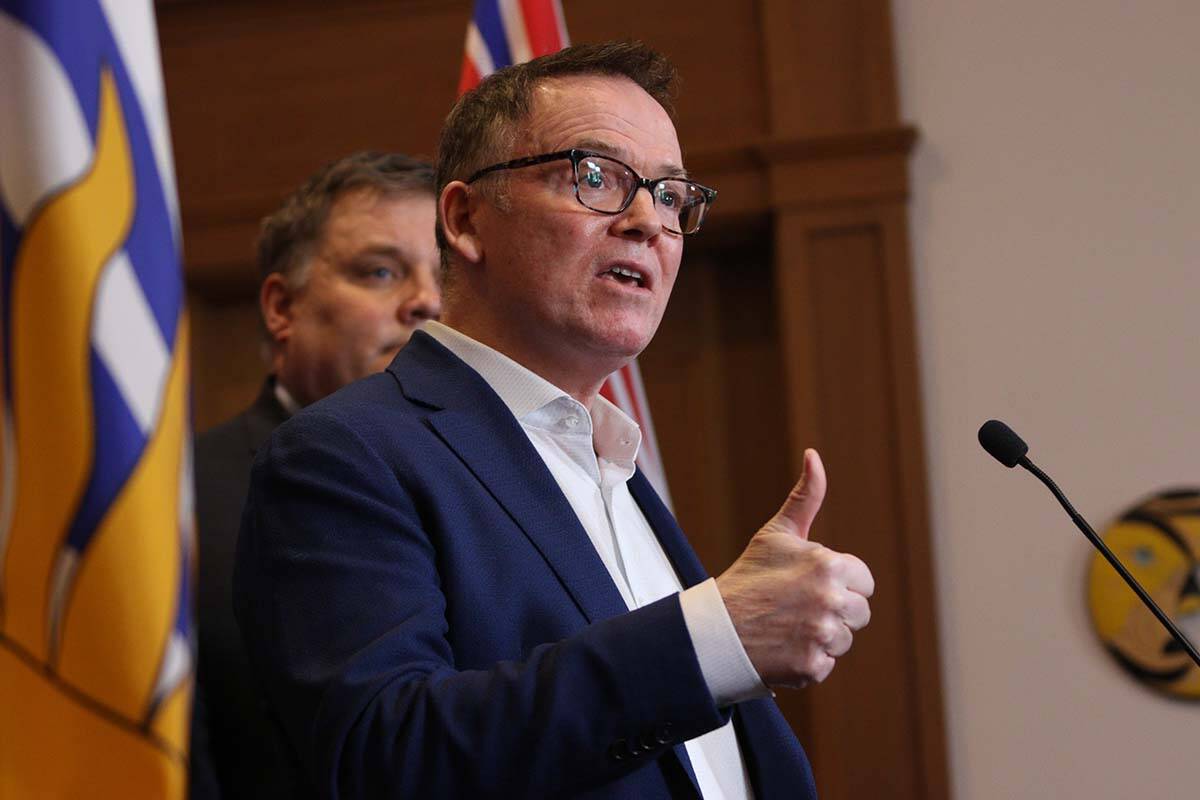 B.C. Liberal Party Leader Kevin Falcon is joined by Liberal critic Peter Milobar as they react to the budget speech during a press conference at legislature in Victoria, Tuesday, Feb. 22, 2022. THE CANADIAN PRESS/Chad Hipolito
