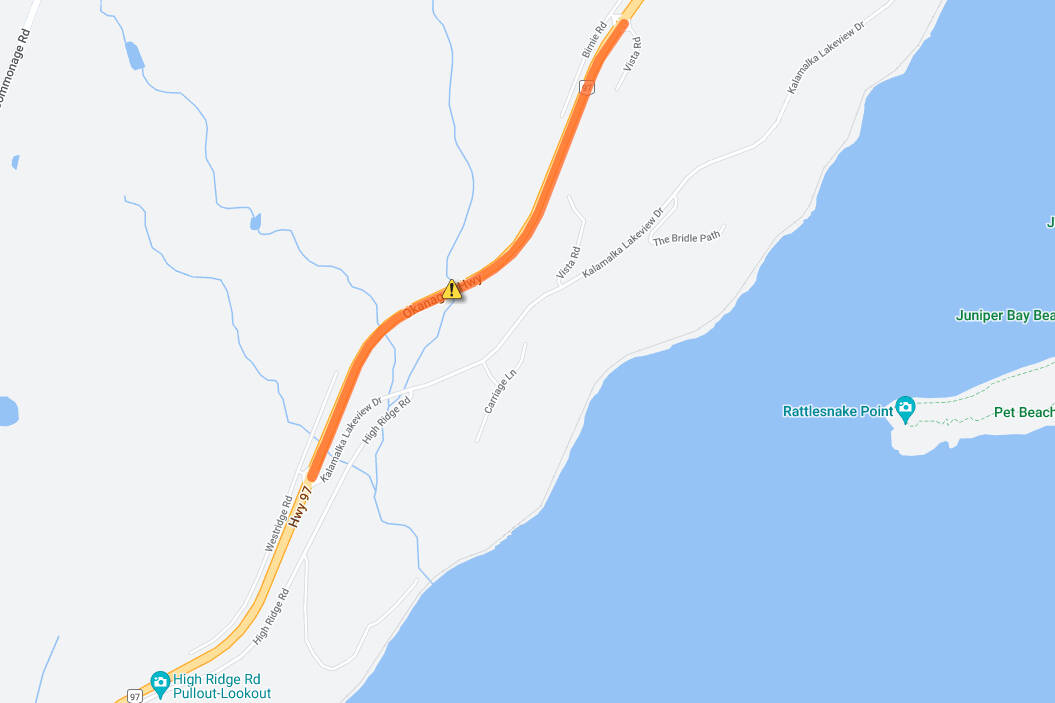 A single southbound lane closure is in effect Thursday morning on Highway 97 south of Vernon. (DriveBC map)