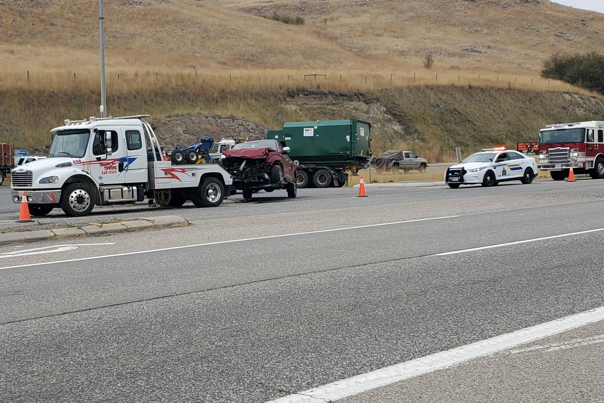 A car crash south of Vernon has a single lane blocked on Highway 97 Thursday, around 11 a.m. (Roger Knox - Morning Star)