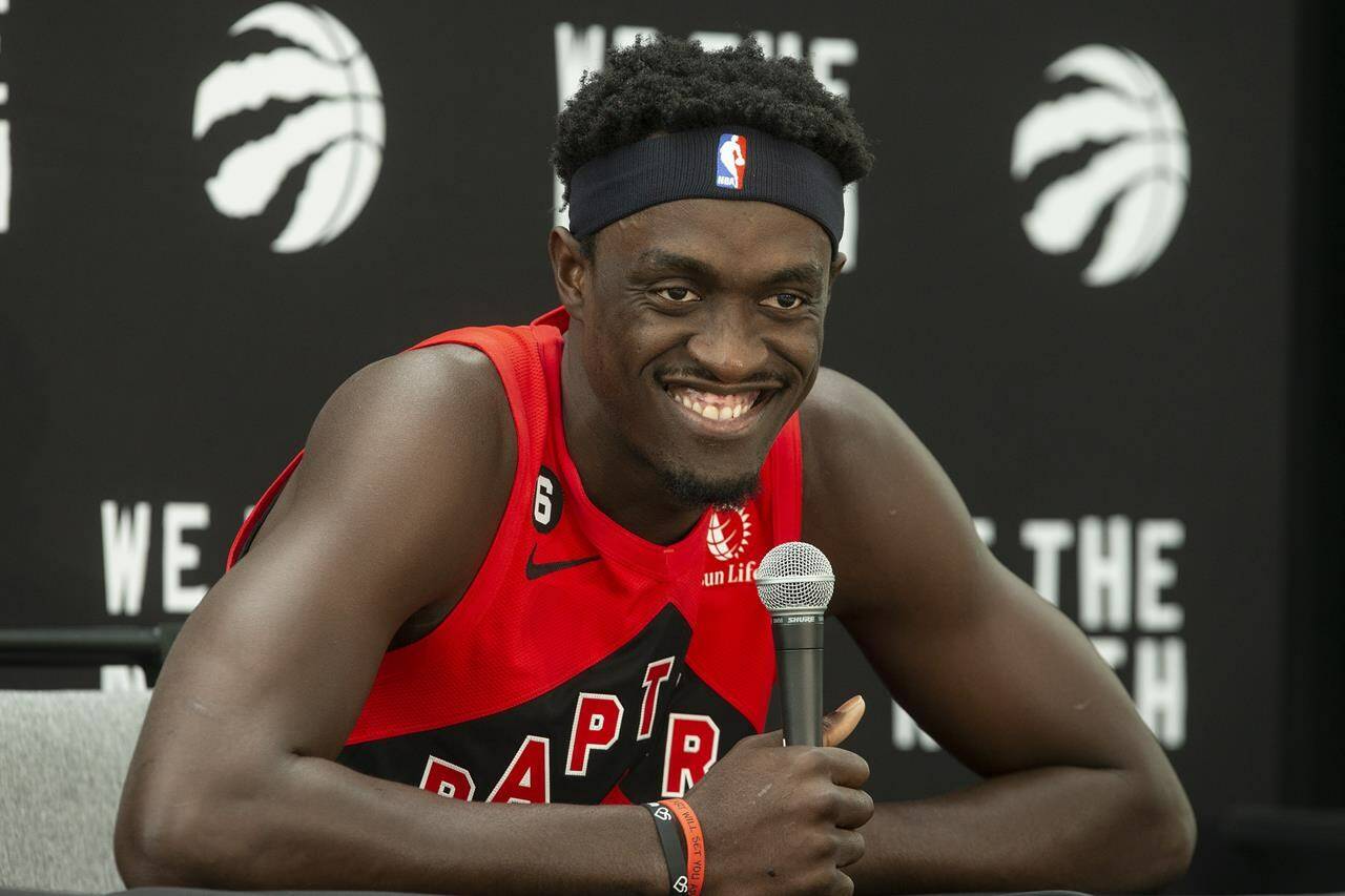 Toronto Raptors’ Pascal Siakam speaks to reporters at the Raptors media day availability, in Toronto, Monday, Sept. 26, 2022. THE CANADIAN PRESS/Chris Young