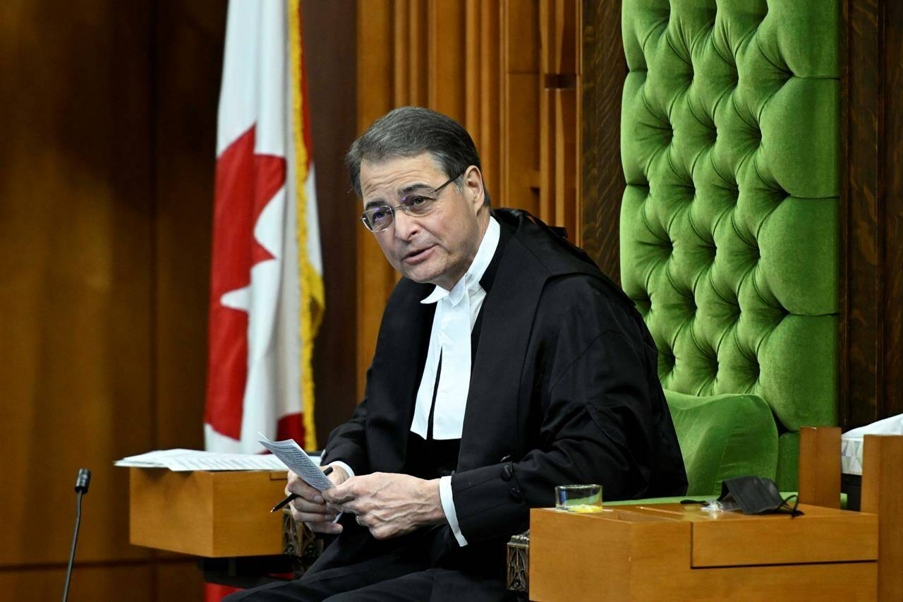 Speaker of the House of Commons Anthony Rota looks on during Question Period in the House of Commons on Parliament Hill in Ottawa on Thursday, June 16, 2022. The Conservatives’ cheeky catch phrase for inflation under the Liberals has gotten some MPs into trouble in the House of Commons, where saying “Justinflation” has been ruled as verboten. THE CANADIAN PRESS/Justin Tang