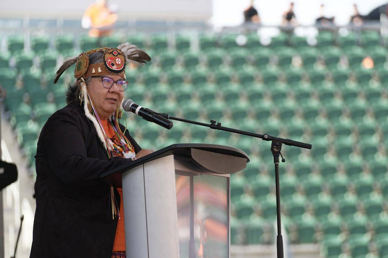 AFN National Chief RoseAnne Archibald speaks at a Miyo-wiciwitowin Day event at Mosaic Stadium in Regina, Thursday, Sept. 29, 2022. The national chief of the Assembly of First Nations says today’s National Day of Truth and Reconciliation is about the survivors who suffered in Canada’s residential schools and the children who never made it home. THE CANADIAN PRESS/Michael Bell