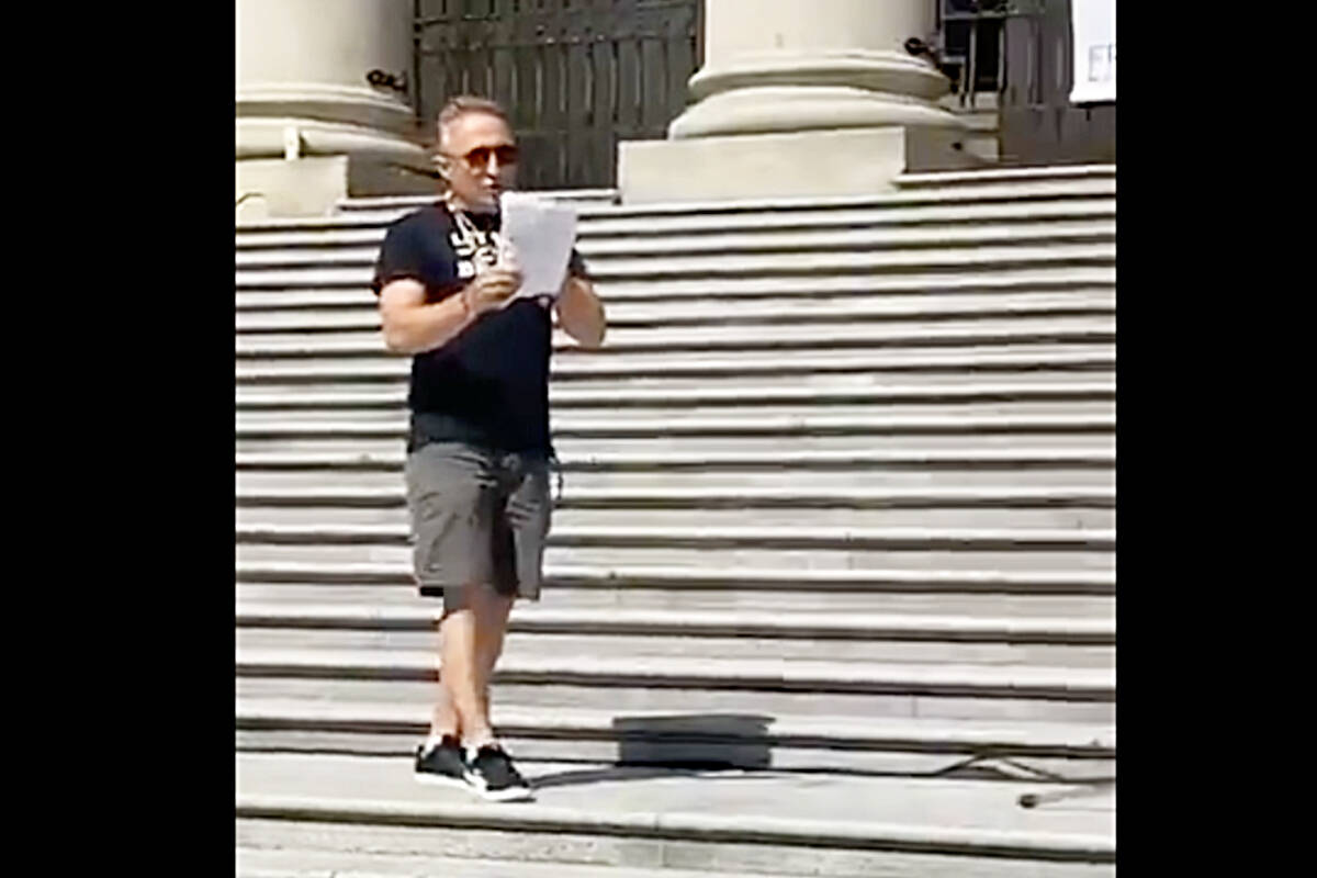 Maple Ridge school board candidate Brian Dominick does not deny this was him in a video outside the Vancouver Art Gallery speaking to a crowd of people. (Screen grab)
