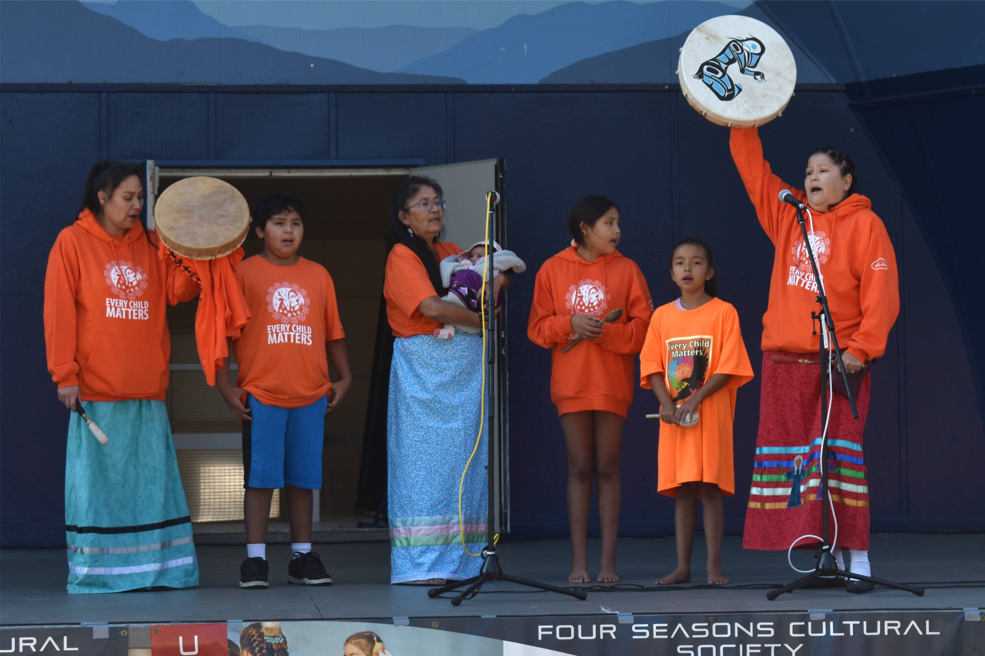 Three generations of Penticton's Jack family sang the Okanagan Song to start the Celebration of Indigenous Culture and Resiliency in Penticton's Gyro Park on the second National Day of Truth and Reconciliation. (Brennan Phillips - Western News)